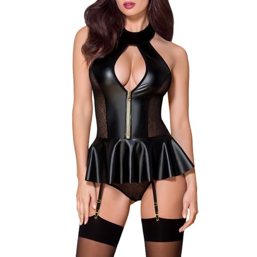 Satohom Sexy Mesh-Spleißen aus Lederkleid Damen Große Größen Wetlook Korsett Dessous Set Babydoll Rückenfrei Kunstleder Reizwäsche Minikleid Negligee Unterwäsche Rock Partykleid Clubwear