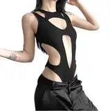 OUBOSI Gothic Aushöhlen Sexy Bodys Techwear Mode Y2K Patchwork Tops Frauen Grunge Rückenfrei Hoch Geschnitten Schlanker Body,schwarz,M