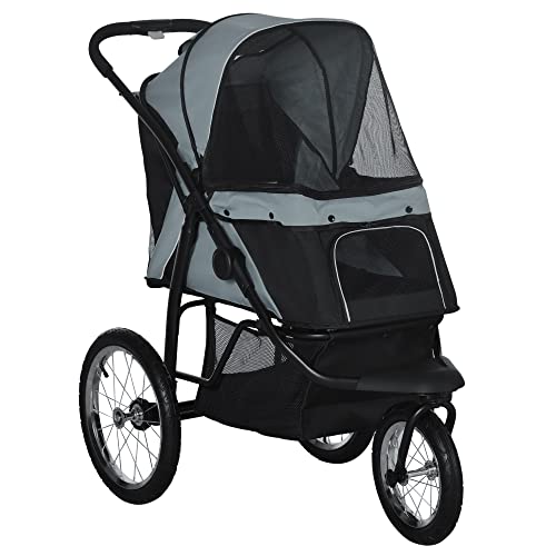 PawHut Hundewagen Hundebuggy klappbar für Hunde & Katzen bis 20 kg Katzenwagen mit geländegängige Gummiräder Kissen Netzfenstern Türen Katzenbuggy mit Aufbewahrungskorb Buggy Grau
