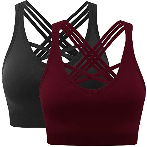 ANGOOL Damen Sport BH ohne Bügel Gepolstert Yoga Bra Kreuz Rücken Sport Bustier für Jogging Fitness , Schwarz+weinrot , S