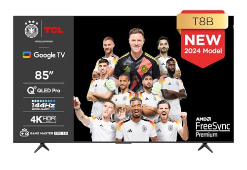 TCL 85T8B 85-Zoll QLED Pro 144Hz Onkyo Gaming Fernseher, 4K UHD, HDR Pro, Google TV (Dolby Vision IQ & Atmos, Motion Clarity, Freihändige Sprachsteureung, Kompatibel mit Google Assistant & Alexa)