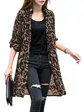 ZANZEA Damen Dünner Sommer Strickjacke Leopardenmuster Loose Bikini Cover Up Langarm Lang Strickjacke Kimono Cardigan A-Braun L