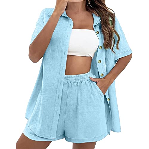 Generisch Lässig Strickjacke Kurzarm Shorts 2-Stück Outdoor Set Sommer Kurz Hose Damen 2-Teilig Frauen Vintage Rundhals Ausschnitt Hausanzug Im Haus Elegante Bequeme Business Freizeitanzug (BU2, M)