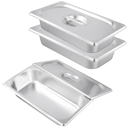 MUNGHOK 3-teilig Panierschalen Set, Edelstahl Panierstrasse mit Deckel, Panier Set aus Edelstahl, 32,5 x 17,5 x 6,5 cm Höhe Metall Panierstraße Gastronormbehälter zum Panieren und Servieren