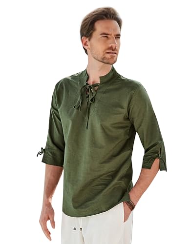 Piratenhemd Herren V-Ausschnitt mit Kordelzug 3/4 Arm Mittelalter Victorian Shirt Olivgrün M