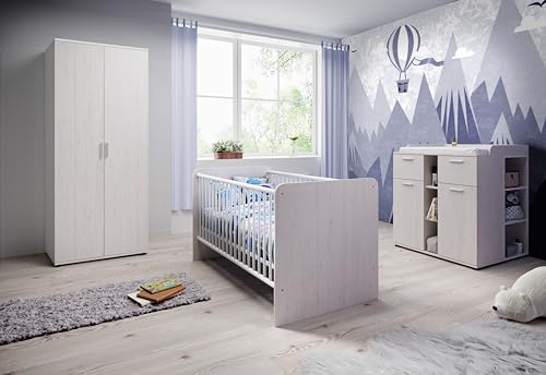 Babyzimmer Set 3-teilig- in Pinie Anderson Nachbildung -Mit Drehtürenschrank, Wickelkommode und Babybett 70x140 cm mit viel Stauraum