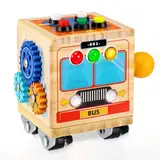 Ovshnrr Busy Cube for Kleinkinder, Busy Bus Spielzeug Holz, LED Busy Board Lichtschalterspielzeug Activity Board Motorikspielzeug für Jungen und Mädch