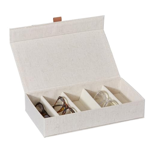 LOVE IT STORE IT Premium Aufbewahrungsbox für Brillen - Brillenbox aus Leinen-Baumwoll-Mix, innen Samt - Verstärkt mit Holz - Mit 5 Fächern - Beige - 30x17x6 cm