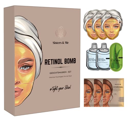 Sisters & Me Gesichtsmasken Set, Anti Aging mit Retinol Serum 9x Masken inkl. hochdosierte Augenpads gegen Augenringe , Tuchmasken, Hydrogel Masken für ein ebenmäßiges Hautbild, Skincare Set