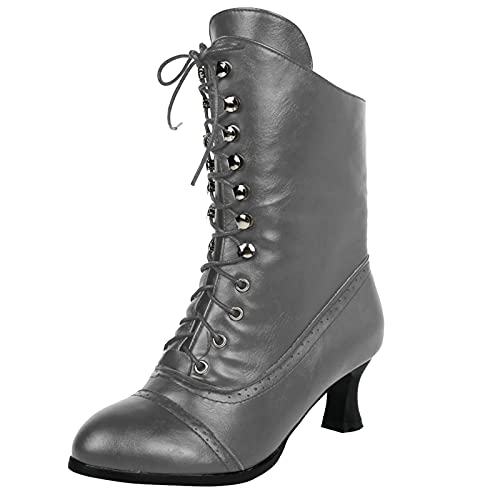 Schnürstiefeletten Damen Gefüttert Elegant, Winter Stiefeletten Leder Vintage Viktorianisch Stiefel Damen Schnürsenkel Steampunk Ankle Stiefel Mit Absatz Reißverschluss Halbhohe Stiefel