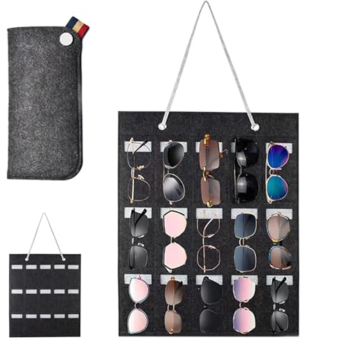 YQBFTC Sonnenbrillen Aufbewahrung,Hängende Sonnenbrille Organizer Aufbewahrung Sonnenbrillenhalter Wand,15 Fächer Brillenaufbewahrung Hängend,Staubdichter Brillen-Aufbewahrung Brille Organizer(Grau)