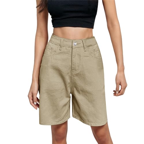 rtdgcv Modische Capris für Damen für Frühling Sommer, hoch taillierte Shorts mit weitem Bein Knöpfen Shorts Kinder Jungen Shorts Damen Kurz (Khaki, L)