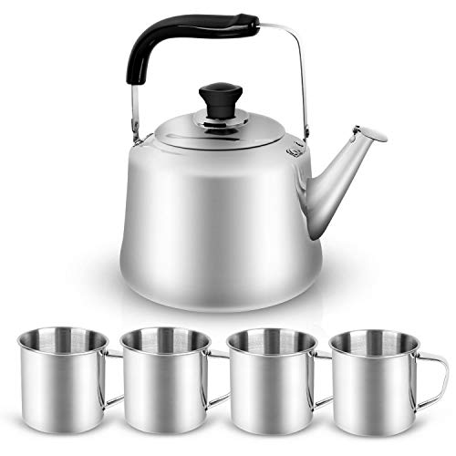 Odoland Teekessel Camping Wasserkessel 3L Kaffeekanne Wasserkocher Outdoor Geschirr Set mit Teekanne und 4 Edelstahlbecher Camping Kochgeschirr Set idea für Outdoor Picknick Wandern