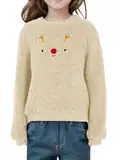 Haloumoning Mädchen Weihnachtspullover Niedlich Rentier Print Weihnachten Sweatshirts Kinder Herbst Winter Rundhalsausschnitt Kleidung Oberteile Mandel, 12-14 Jahre