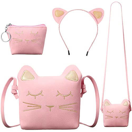 Weewooday 3 Stück Weihnachten Katzen Umhängetasche Set Süße Handtasche mit Mini Geldbörse Katzen Stirnband Geschenk für Mädchen (Rosa)