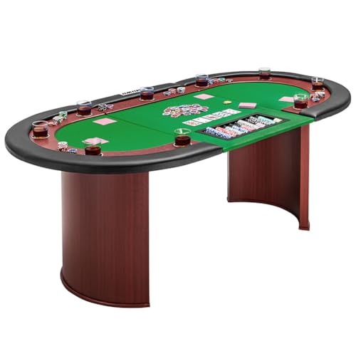 MUWO Pokertisch für 10 Spieler mit Dealerbereich und Abnehmbarer Chipablage (500 Chips), Getränkehaltern aus Edelstahl, gepolsterter Armlehne und Filzoberfläche (Grün)