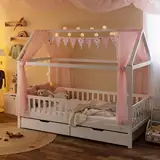 Alcube Hausbett Deko Set mit Baldachin, Wimpel und Lichterkette für Hausbetten bis zu 2m Länge in Rosa für Jungen I Mädchen Deko für Kinderzimmer I Babyzimmer, Betthimmel lädt Kind zum Träumen EIN