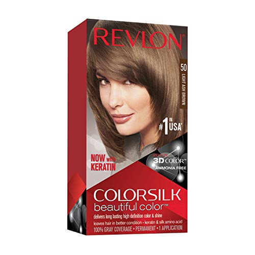 Revlon Permanente Haarfarbe, Permanentes Haarfärbemittel, Colorsilk mit 100 % Grauabdeckung, Ammoniakfrei, Keratin und Aminosäuren, 50 Light Ash Brown