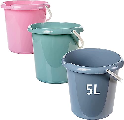 Eimer Putzeimer 5 Liter, 3 Stück Plastikeimer, Wassereimer in 3 Farben, Haushaltseimer aus Stabiler Kunststoff, Putzeimer mit Ausguss und Mess-Skala, lebensmittelecht, Model Teo, Made in EU