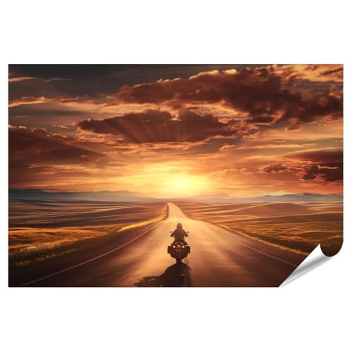 islandburner XXL Bild Poster Motorradfahrt bei Sonnenuntergang in der Landschaft für Wohnzimmer Motorrad-Enthusiasten Motorradgeschäft Premium Bilder Fotodruck