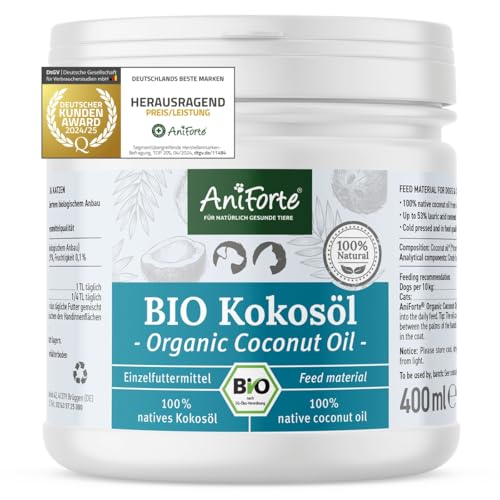 AniForte Bio Kokosöl für Hunde & Katzen 400 ml Lebensmittelqualität - Erste Kaltpressung, Nativ, Unraffiniert, Hoher Laurinsäure Gehalt, Pflege für Fell, Pfote & Haut, biologischer Anbau, Barf Zusatz