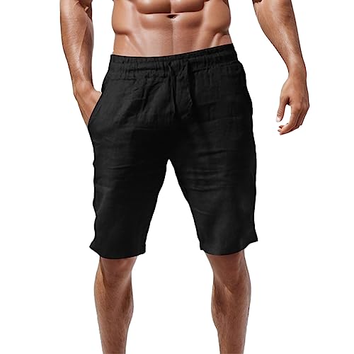 Herren- Sommer-Baumwollmodische, lässige Shorts, Leinen, solide Herrenhosen Schlaf Shorts Herren Kurz Herrenhosen Lang Elegant Grau Herrenhosen Lang Stretch Elegant Gr Fitness Hosen (Black, S)