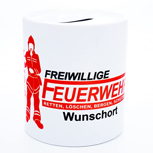Freiwillige Feuerwehr Spardose Retten Löschen Bergen Schützen mit Namen Ort Spruch Geschenk idee Artikel für Geburtstag Jubiläum Männer Herren Zubehör Ausrüstung Accessoires Deko Personalisiert Kasse