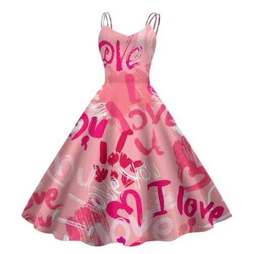 QWUVEDS 2024, Valentinstag, Bedruckt, Rundhalsausschnitt, Retro-Freizeitkleid (2) Spitzenkleider (Pink, L)