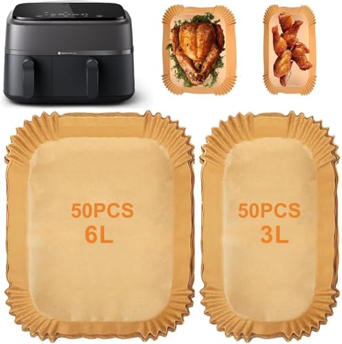 100 Stück Airfryer Backpapier für Philips Dual Basket Airfryer 3000-serie 6L/3L, 5000-Serie 6L/3L, Rechteckig Backpapier für Heißluftfritteuse Philips NA350/00 NA550/00, Luftfritteusen Zubehör