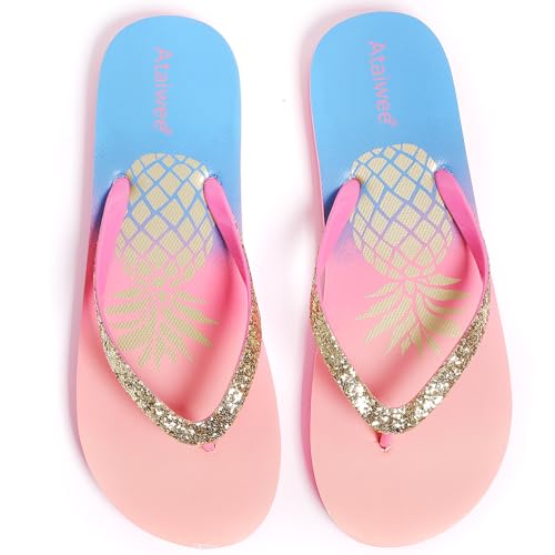 Ataiwee Mädchen Flip Flops - Kinder Strand Tier Obst Print Sommer Zehentrennung Flache Sandalen.(2002001,PK/BL,30.5)