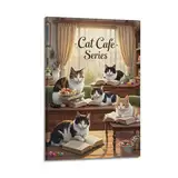 XHBKJA Dekoratives Gemälde, bezaubernde Katzen, die sich an einem gemütlichen Leseort versammeln, aus der Cat Cafe Serie, modernes Familien-Tierposter für Wohnzimmer, Leinwand, Wandkunstdruck, Bild