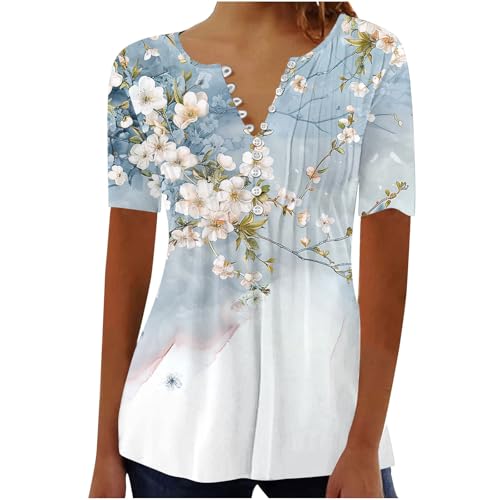 Generisch Damen Henley Shirt 2025 Elegant Falten Tunika Komfortabel Baumwolle T-Shirt Damen V-Ausschnitt Basic Tops Knöpfe Bluse Kurzarm Sommer Oberteile Blumen Bluse Longshirt