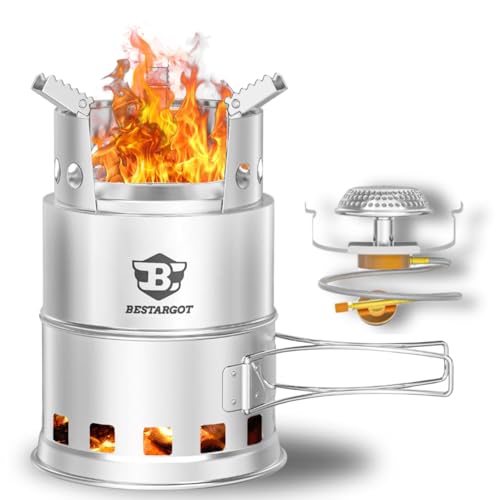 Bestargot Hobo Kocher Gaskocher, Camping Holzofen und Gas Campingkocher aus Edelstahl, Tragbar Outdoor Kocher Hobo Ofen, Faltbar Gas Kocher und Holzvergaser für Backpacking Bushcraft