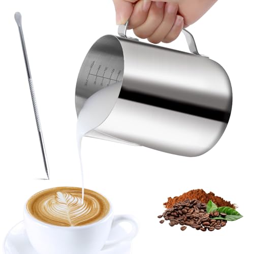 VFANDV Milchkännchen, 1000ML Handheld Edelstahl Aufschäumkännchen, Kaffee Creamer Milch Aufschäumer Kännchen Tasse mit Messung Mark, Milchkännchen Perfekt für Barista Cappuccino Espresso Latte