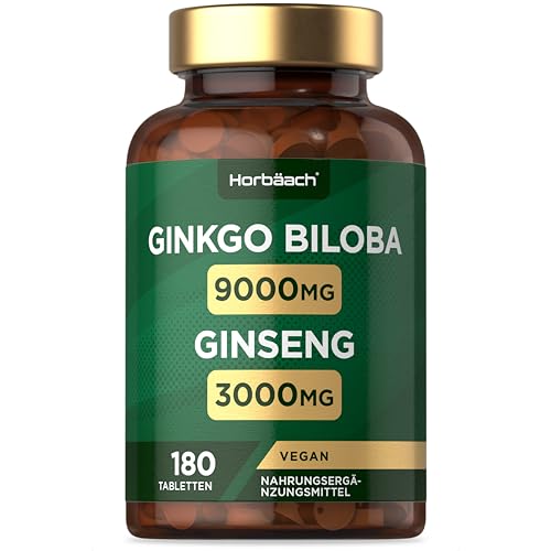 Ginkgo Biloba und Ginseng Tabletten | Ginkgo 9000 mg & Koreanische Ginsengwurzel 3000 mg | 180 vegane Tabletten | Horbaach