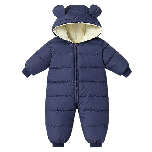 Schneeanzug Baby Mädchen Jungen Overall Winter Jumpsuit Mantel Neugeborenes Dickes Reißverschluss Strampelanzug Kleinkind Winddicht Kapuze Fleece Strampler Oberbekleidung Marineblau 18-24 Monate