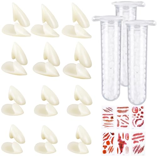 DIYDEC 12 Paar Halloween Vampirzähne, Vampir Fangs Kit Zähne Kostüm Gefälschte Zähne mit 2 Pellets Kleber für Halloween Cosplay Party Requisiten