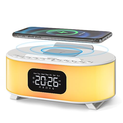 Jugendcx Wecker Digital mit Ladestation, 18W Kabelloses Schnell-Ladegerät mit Adapter und Kabel, Digitaler Wecker mit Licht, Bluetooth Speaker 5.0,Snooze,Dual Alarms,12 Natural Soun für Frauen,Männer