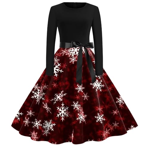 Weihnachtskleid Damen, Weihnachtskleid Damen Cocktailkleid mit Rundhals Langarm Abendkleider mit Weihnachten Drucken Partykleid Elegant Abendkleid Rockabilly Kleid Weihnachten Festival Kleid