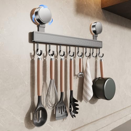 FERCOSEN Hakenleiste Küche ohne Bohren mit Saugnapf | 8～12 Haken, 40～60 cm lang, 20 kg Tragfähigkeit, 1-Minuten-Installation | Abnehmbare rostfreie hakenleiste für Küchenutensilien