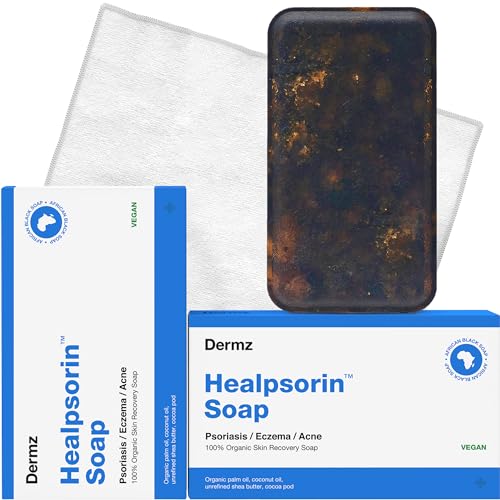 Healpsorin Afrikanische Schwarze Seife Roh - 2er Set + Mikrofasertuch - Psoriasis, Ekzeme, Behandlung von Akne