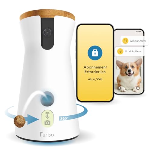 Furbo 360° Hundekamera mit Heimsicherheits-Paket [Premium MIT ABO] Intelligente Kamera mit App für Hund & Heim, Rotierende 360° Sicht, Farbnachtsicht, Tracking, Leckerliwurf, Bell-Alarm, Smart Alerts