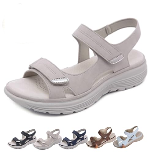 Orthopädische Damensandalen Für Schmerzlinderung - ErgoLiva, Ergonomische Ledersandalen, Langlebiger Gummisohle mit Klettverschluss (Grau, Erwachsene, 39, Numerisch, EU Schuhgrößensystem, M)