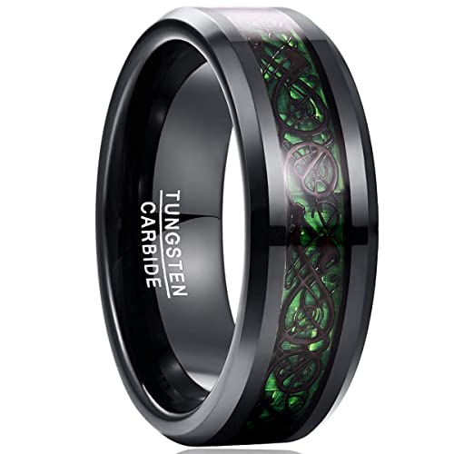 NUNCAD Ring Herren Damen Unisex aus Wolfram mit Keltischen Drachen + Kohlefasern Hellgrün für Hobby Fashion Hochzeit Verlobung Geburtstag Größe 60.0 (19.1)