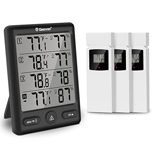 Geevon Funk Thermometer Innen Außen mit 3 Fernsensoren, Thermometer Hygrometer Feuchtigkeit Digital, Temperatur und Luftfeuchtigkeitsmesser mit 200FT/60M Reichweite(Schwarz)