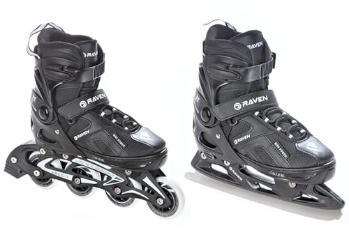 Raven Pulse 2in1 Verstellbare Schlittschuhe und Inline Skates - Inliner für Kinder und Erwachsene, ABEC7, Shock Absorbing System, Triple-Vent-System (Black, 43-46 (28cm-30,5cm))