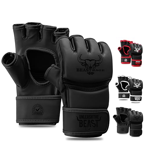 BEASTRAGE MMA Handschuhe für Männer und Frauen,Martial Arts Mitts Grappling Sparring,Ventilated Palm, VEGAN Leder, Cage Fighting, Muay Thai, Kickboxen, Boxsack, Boxen, Kickboxen (M, SCHWARZ)