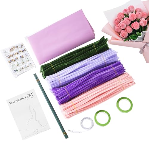 Pfeifenreiniger blumen set, 400 Stück Pfeifenputzer zum basteln blumen, Anweisungen, 20 grüne Handwerkslinien, Packpapier, Geschenkband, Blumenband, Pfeifenreiniger zum Basteln Blumen