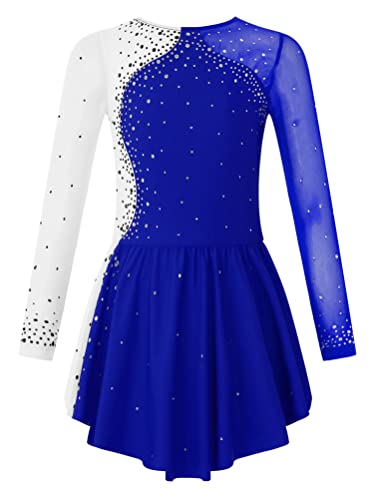 Aislor Tanzkleid Mädchen Pailletten Eiskunstlauf Kleid Kinder Langarm Ballettkleid Tanztrikot mit Rock Kleider Gymnastikanzug Wettbewerb Tanz Kostüme W Königsblau 134-140