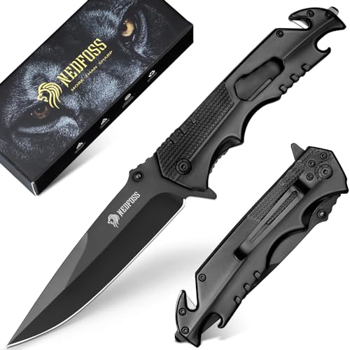 NedFoss FA48 Taschenmesser, 10cm Rettungsmesser mit Gurtschneider, Glasbrecher &Flaschenöffner, Klappmesser mit Liner Lock& Kugellager, Einhandmesser für Auto, Survival Rescue messer Outdoor mit Glip
